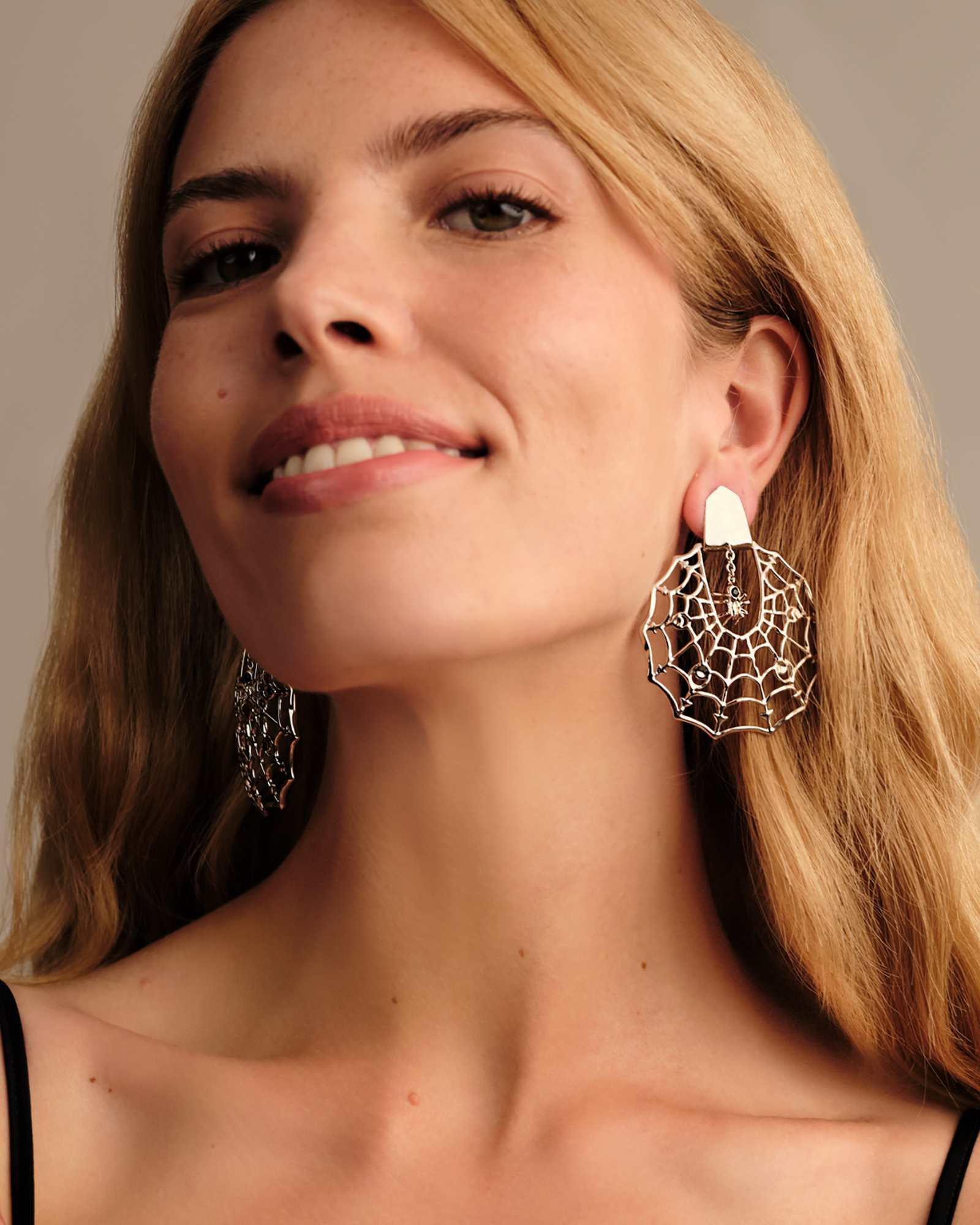 Spiderweb Silver Statement Earrings in Black Crystal Product Image