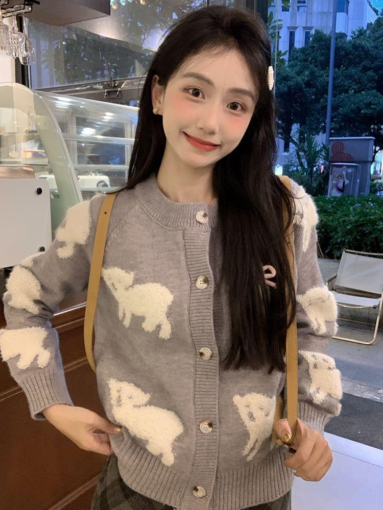 Crew Neck Sheep Jacquard Button-Up Cardigan Product Image