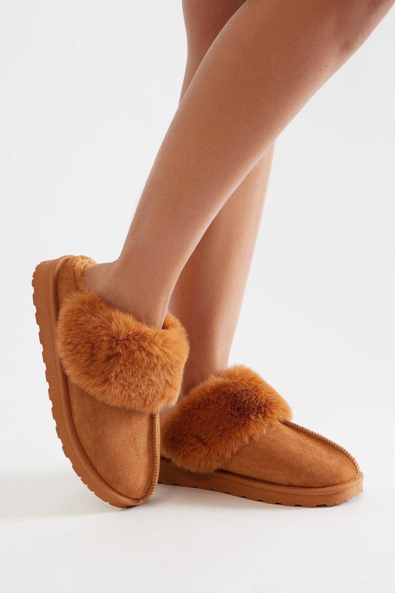 Forest Fur Trim Slippers - Camel Product Image