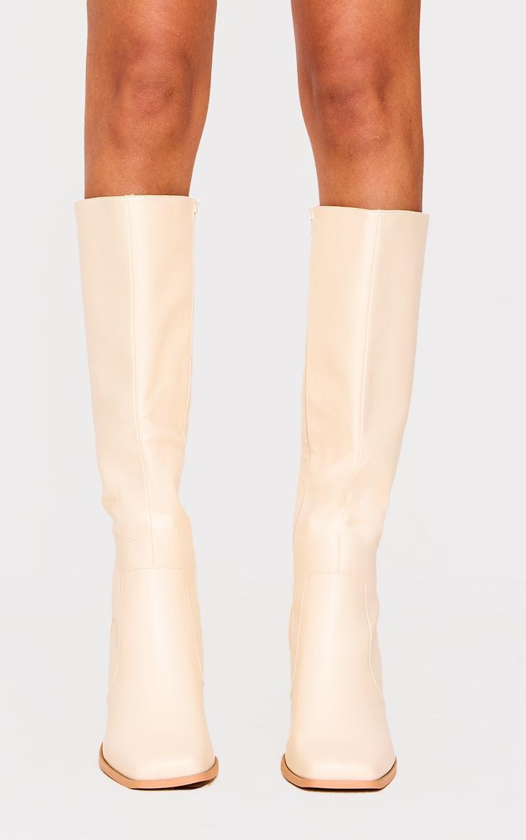 Cream Pu Wide Fit Round Toe Knee High Heeled Boots product image