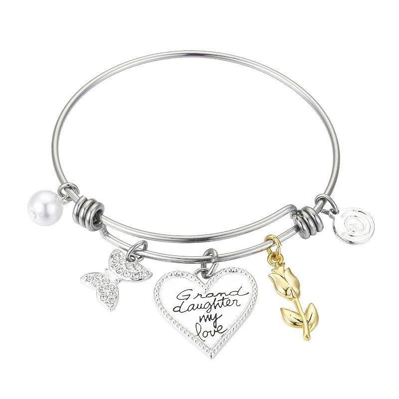 Love This Life Two Tone Stainless Steel Granddaughter My Love Crystal Butterfly & Flower Bangle Bracelet, Womens Product Image