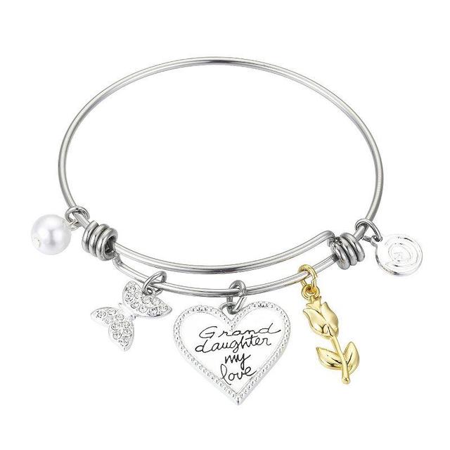 Love This Life Two Tone Stainless Steel Granddaughter My Love Crystal Butterfly & Flower Bangle Bracelet, Womens Product Image