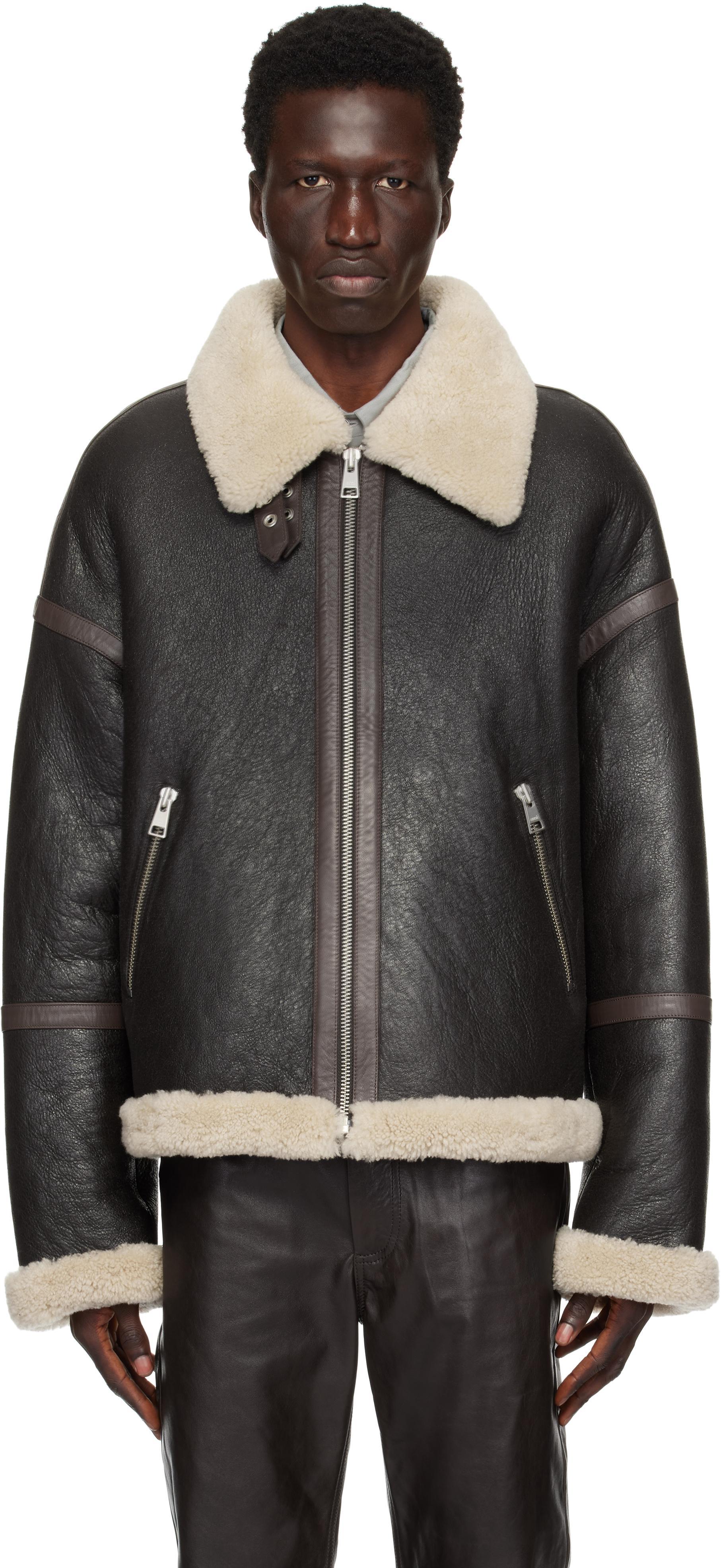 AMI ALEXANDRE MATTIUSSI Brown Shearling Zip Jacket In Dark Coffee/221 Product Image