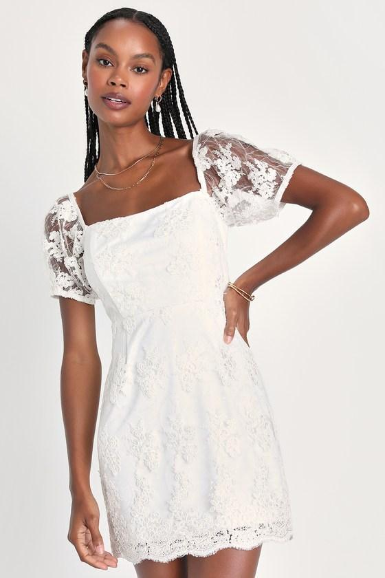 Avid Admiration White Embroidered Sequin Puff Sleeve Mini Dress Product Image