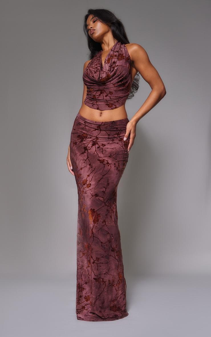 Burgundy Floral Print Devore Maxi Skirt product image