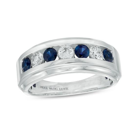 True Lab-Created Diamonds by Vera Wang Love Men's 1/2 CT. T.w. with Blue Sapphires Wedding Band in 14K White Gold Product Image