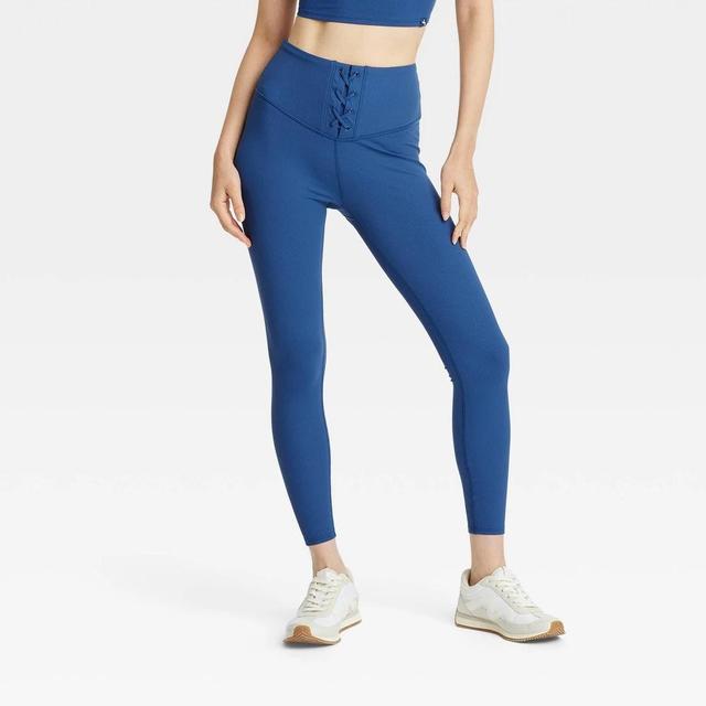 Womens High Rise Lace-Up Detail Ribbed 7/8 Leggings - JoyLab Sapphire Blue L Product Image