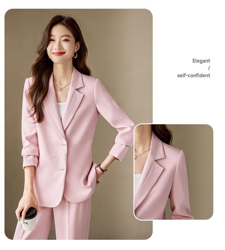 Lapel Collar Plain Single Breasted Blazer / Mid Rise Plain Wide Leg Slacks / Set Product Image