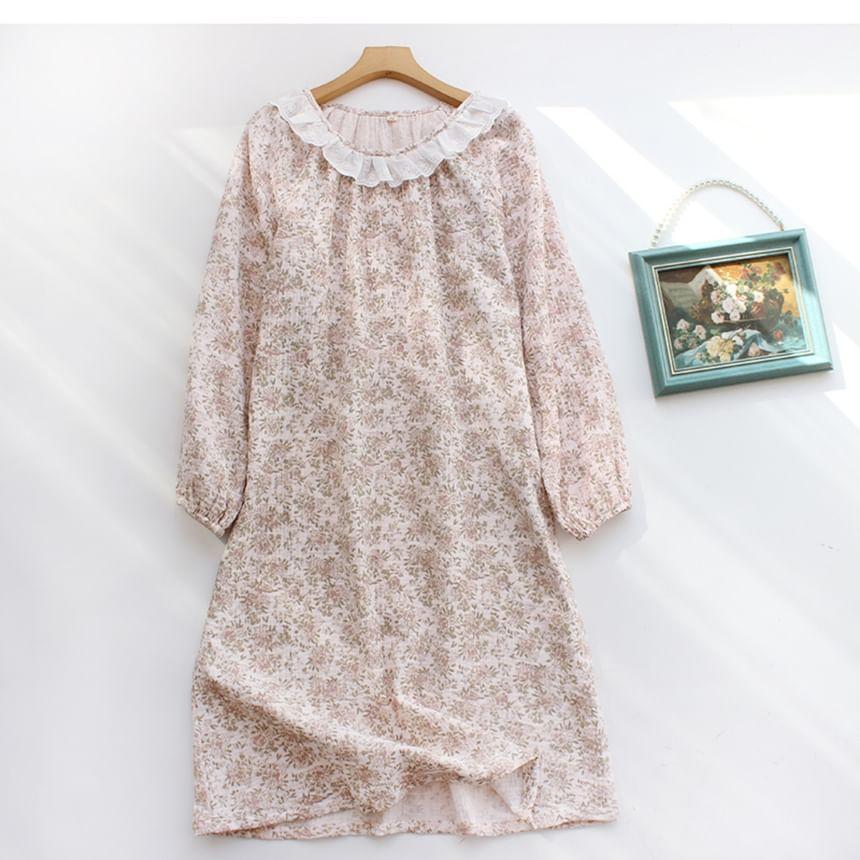 Long-Sleeve Crew Neck Floral Print Eyelet Lace Trim Midi Pajama Dress Product Image