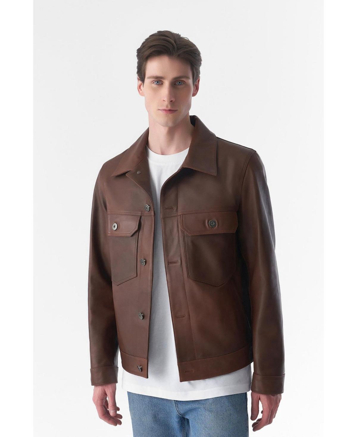 Mens Genuine Leather Trucker Jacket, Antique Tan Product Image