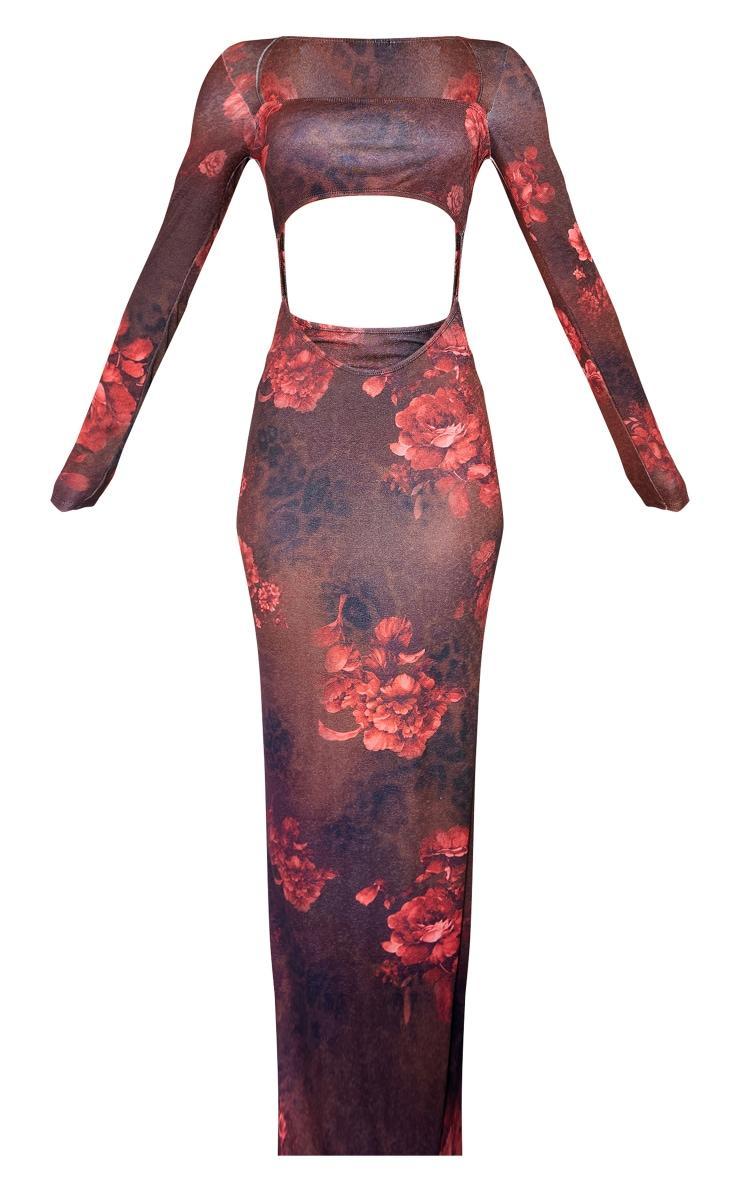 Multi Floral Sheer Long Sleeve Cut Out Maxi Dress Product Image