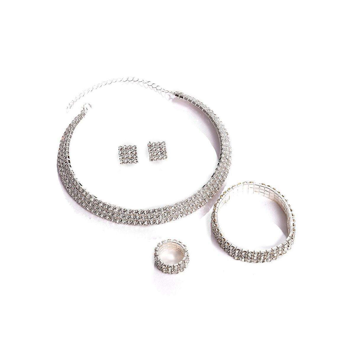 Sohi Womens Silver Bling Strand Necklace, Earrings, Bracelet And Ring (Set Of 4) Product Image