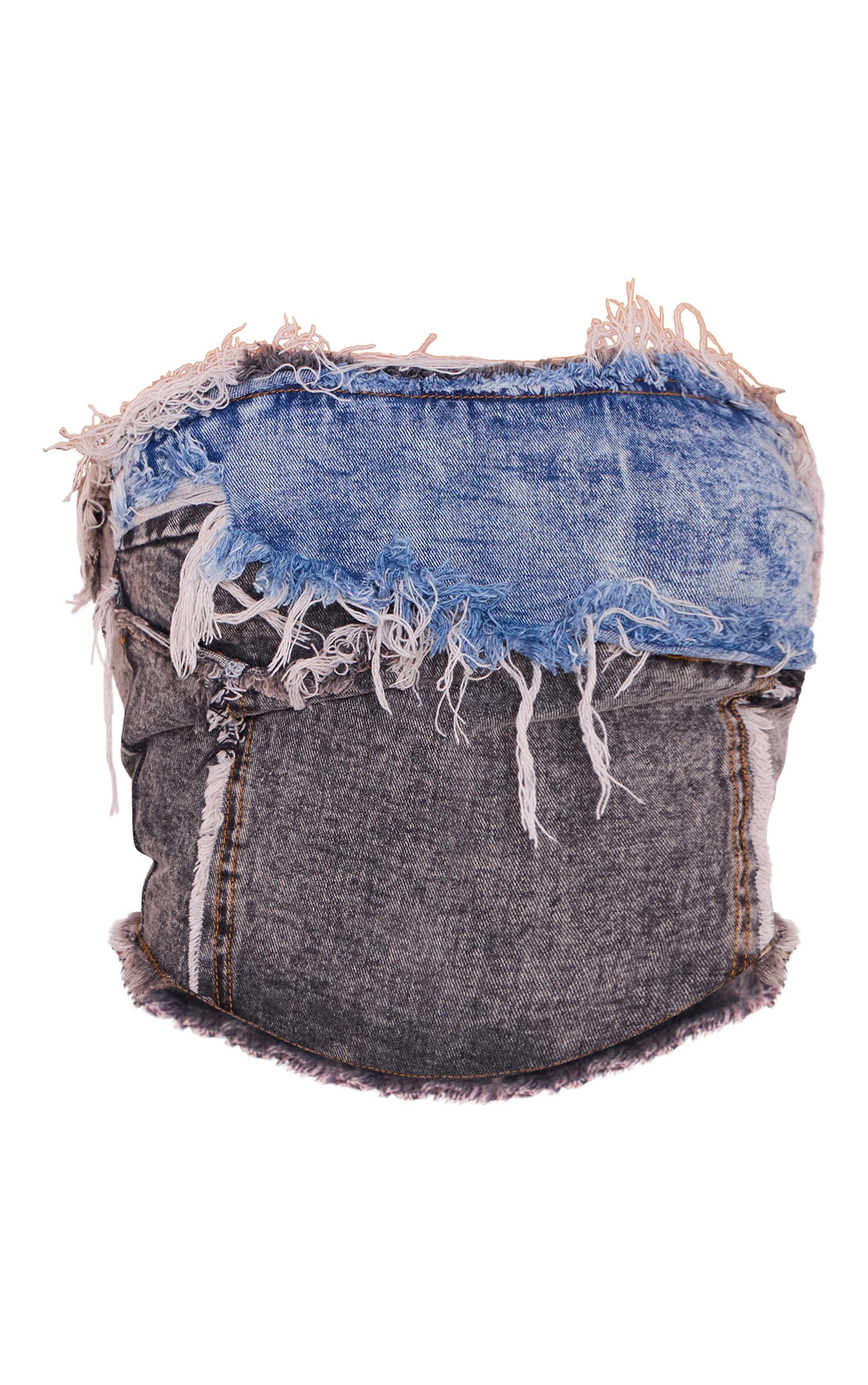 Blue Grey Layered Raw Hem Bandeau Denim Top Product Image