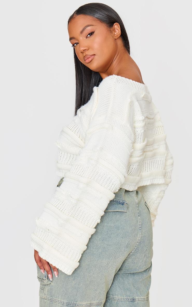 Plus Cream Chunky Raised Contrast Knit Cropped Wide Neck Sweater Product Image