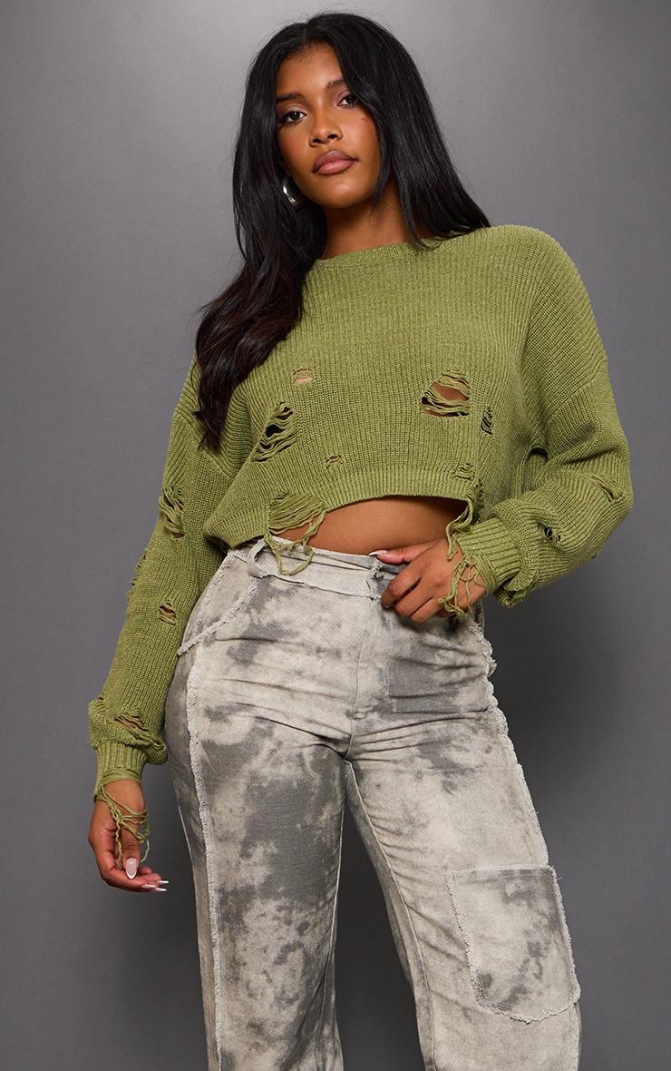 Olive Open Back Distressed Knitted Sweater Product Image