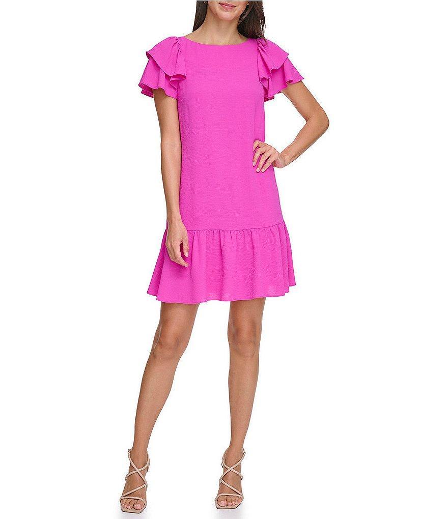 DKNY by Donna Karan Petite Size Short Flutter Sleeve Boat Neck Ruffle Hem Shift Dress Product Image