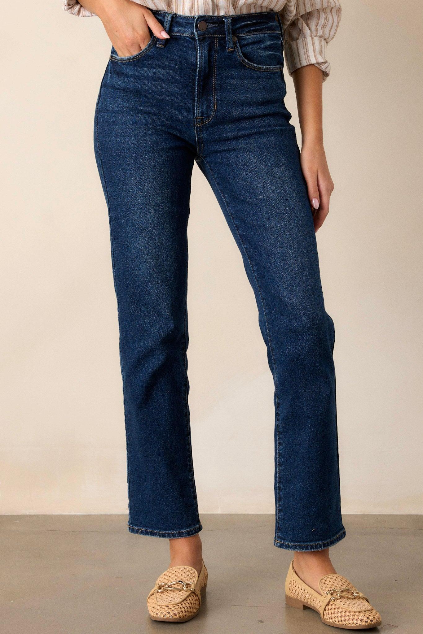 True Blue Dark Wash Straight Leg Jeans Product Image