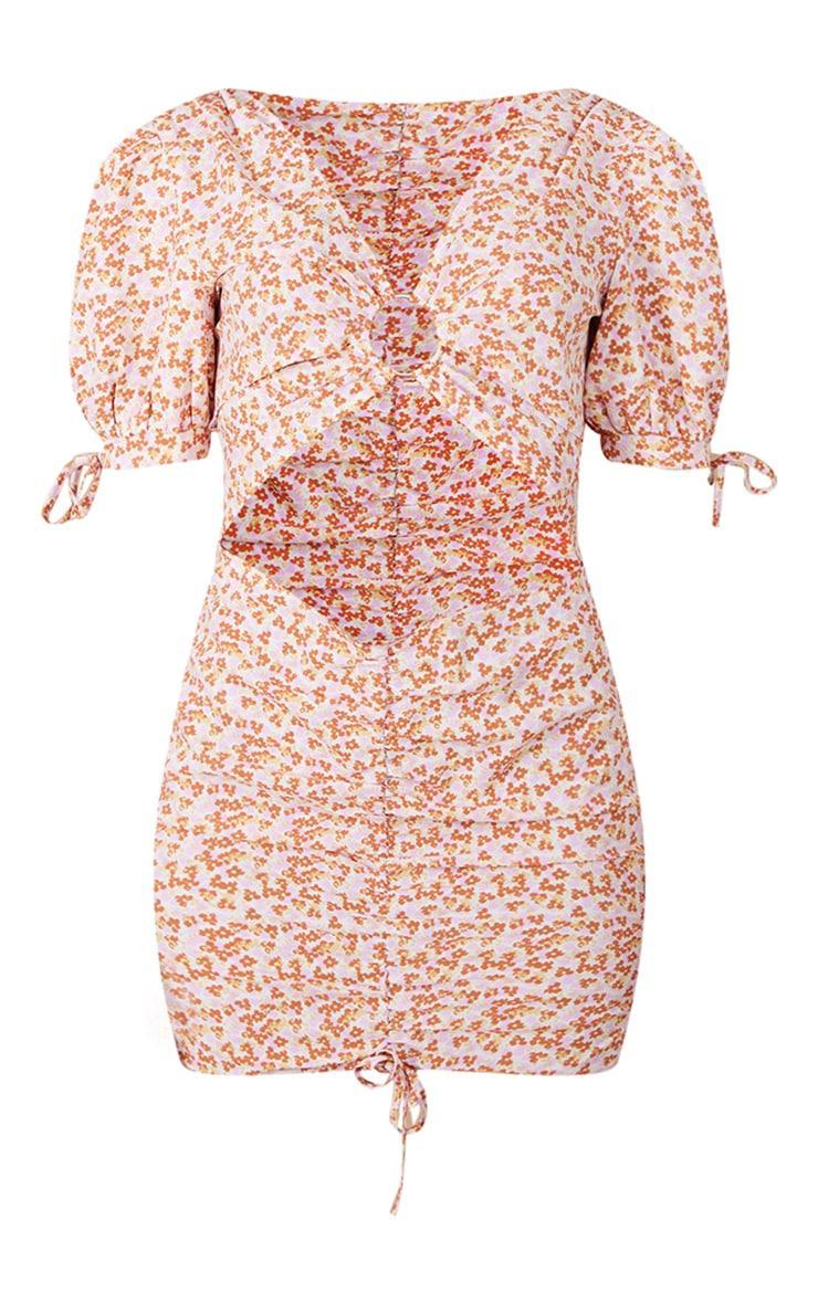 Orange Floral Print Chiffon Ring Detail Cut Out Bodycon Dress Product Image