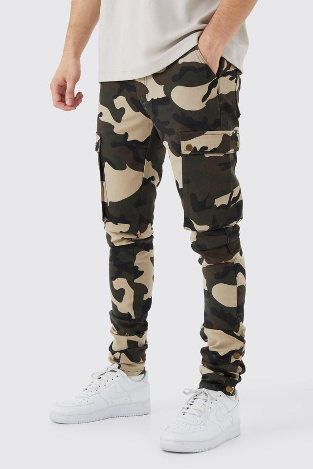 Tall Skinny Stacked Popper Hem Camo Cargo Pants | boohooMAN USA Product Image