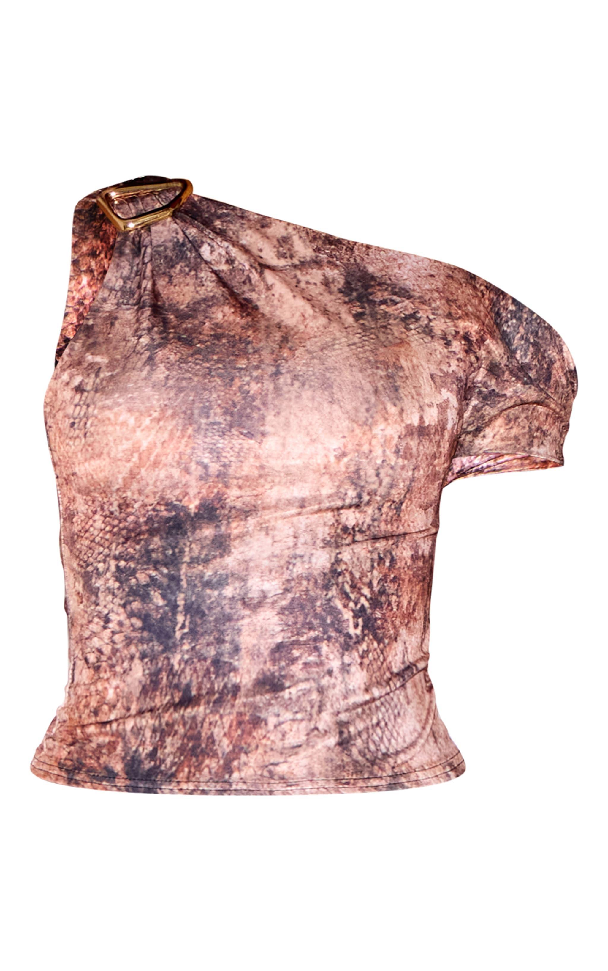 Multi Muted Snake Print Asymmetric Slinky Metal Detail Long Top Product Image