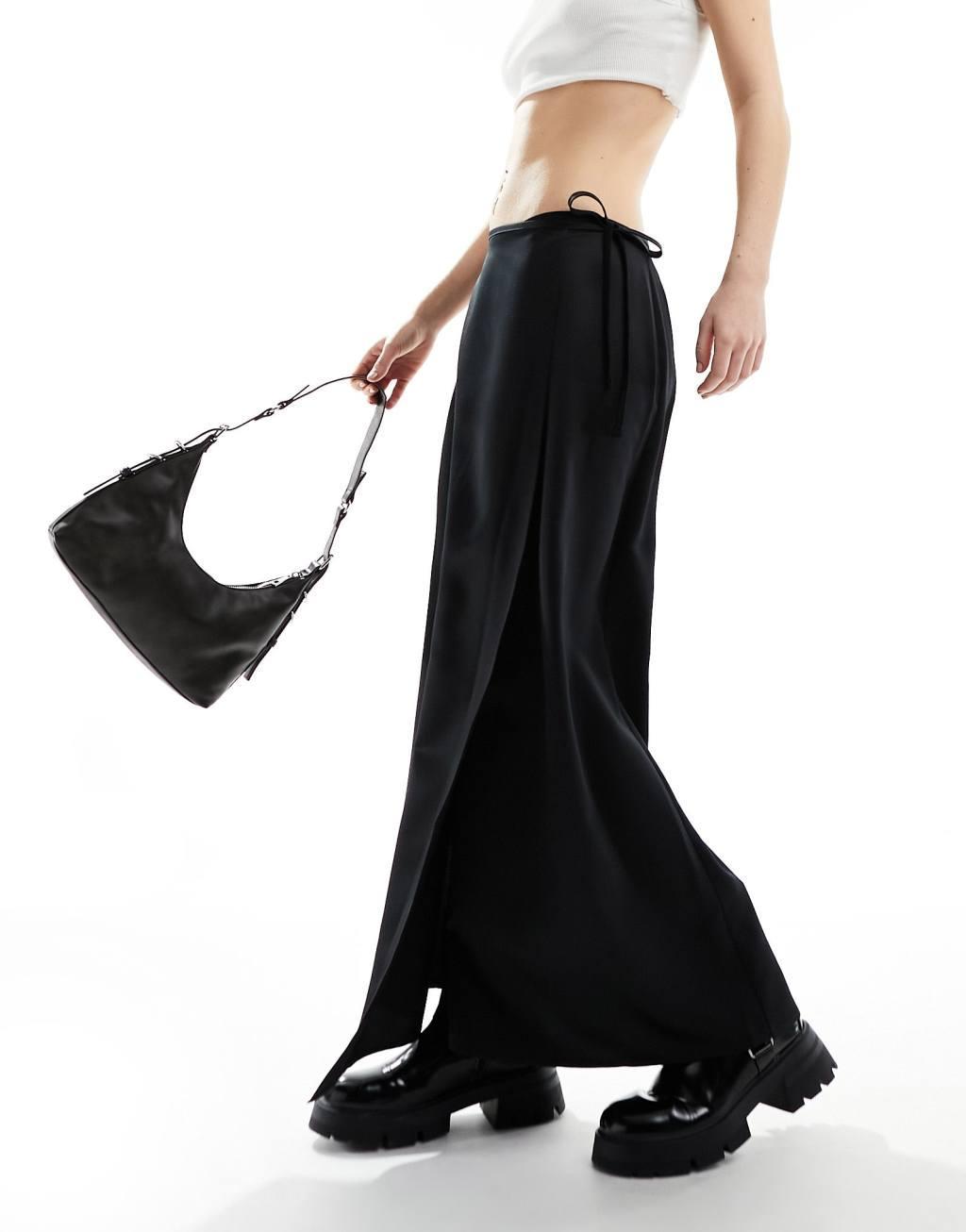 COLLUSION satin wrap slip skirt with tie waist in black Product Image