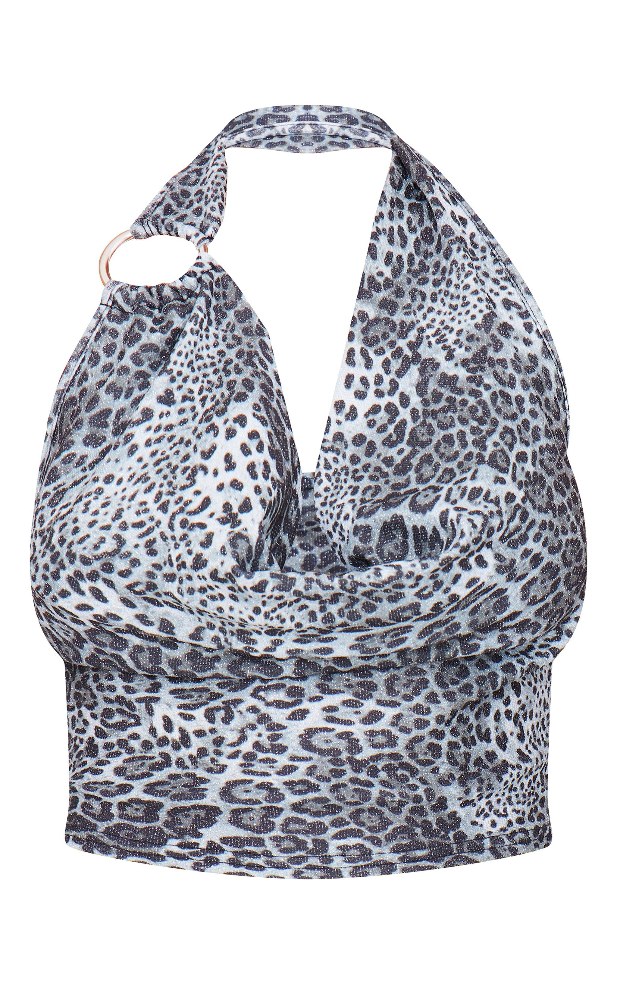 Black Glitter Detail Leopard Ring Strap Cowl Neck Top Product Image