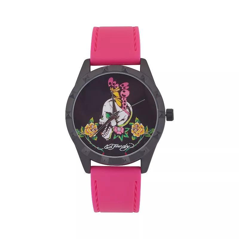 Ed Hardy Womens Skull & Butterfly Dial Fuchsia Silicone Strap Watch Pink Product Image