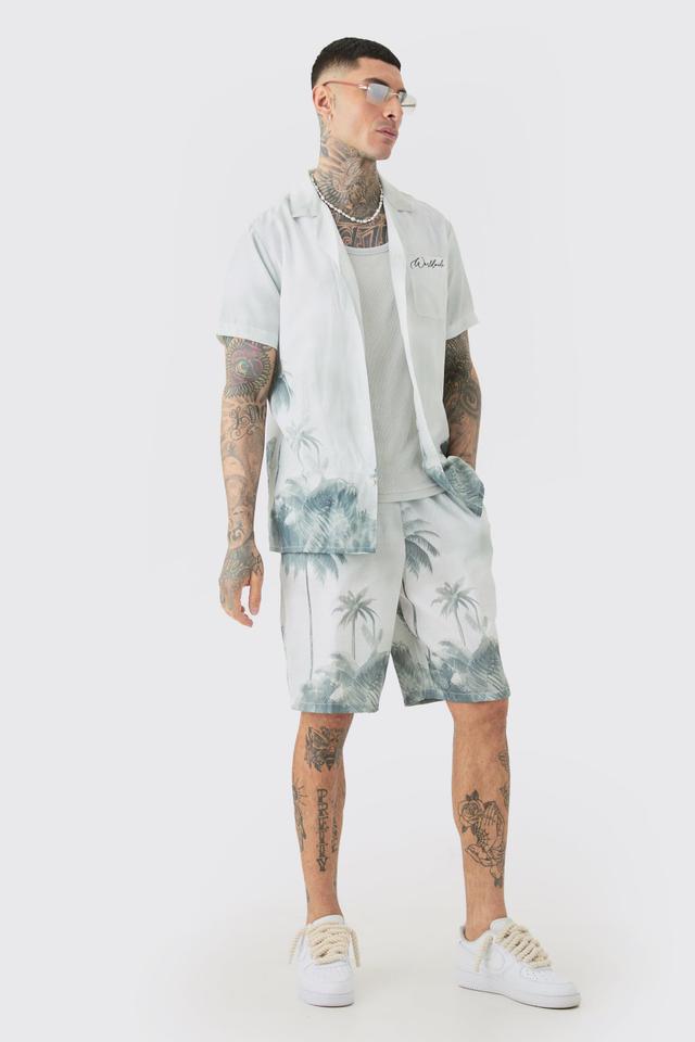 Tall Linen Look Watercolour Landscape Shirt & Short Set | boohooMAN USA Product Image