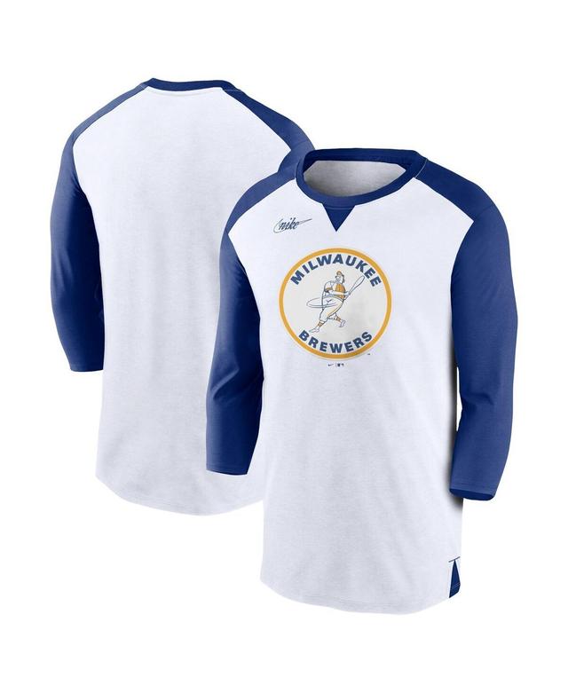 NIKE Men's  White, Royal Milwaukee Brewers Rewind 3/4-sleeve T-shirt In White,royal Product Image