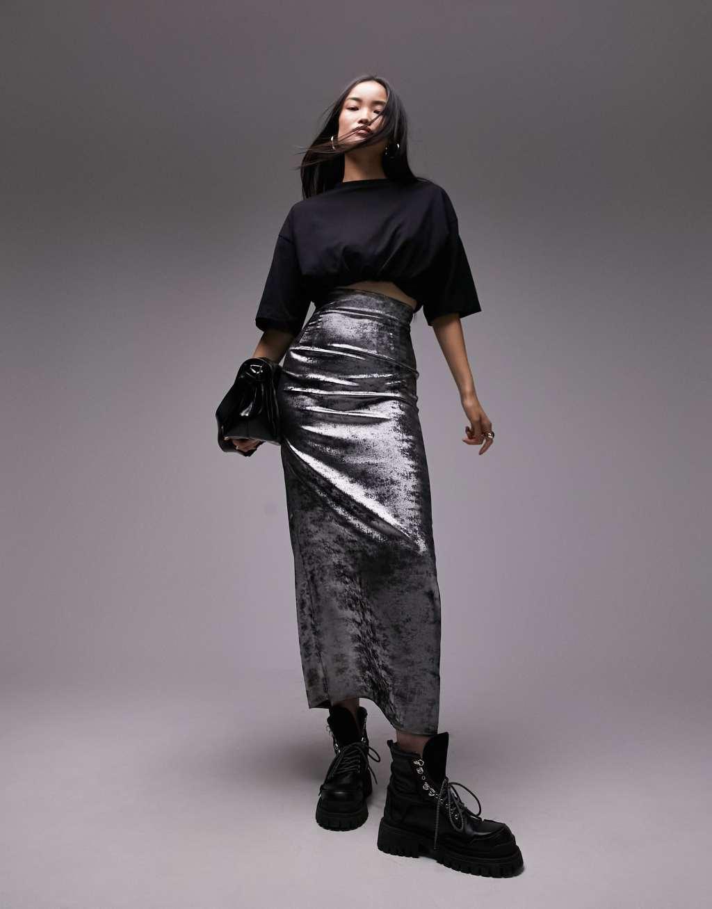 Topshop metallic super high waist maxi skirt in silver Product Image