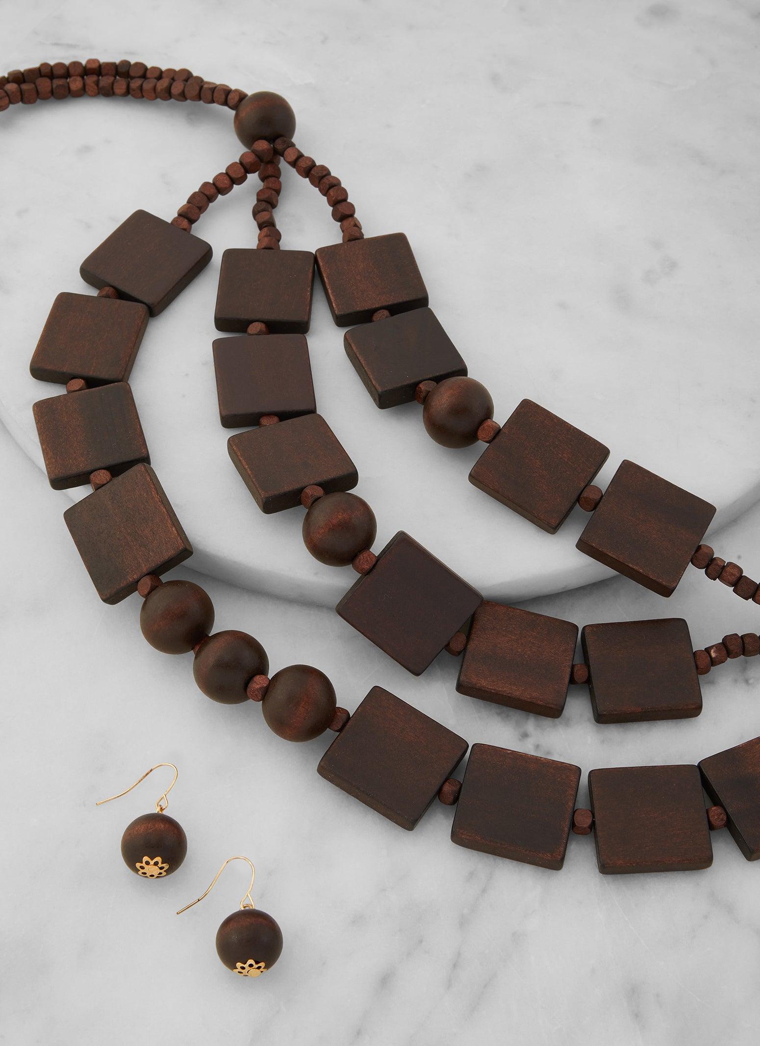 Wood Beaded Layered Necklace and Drop Earrings Female Product Image