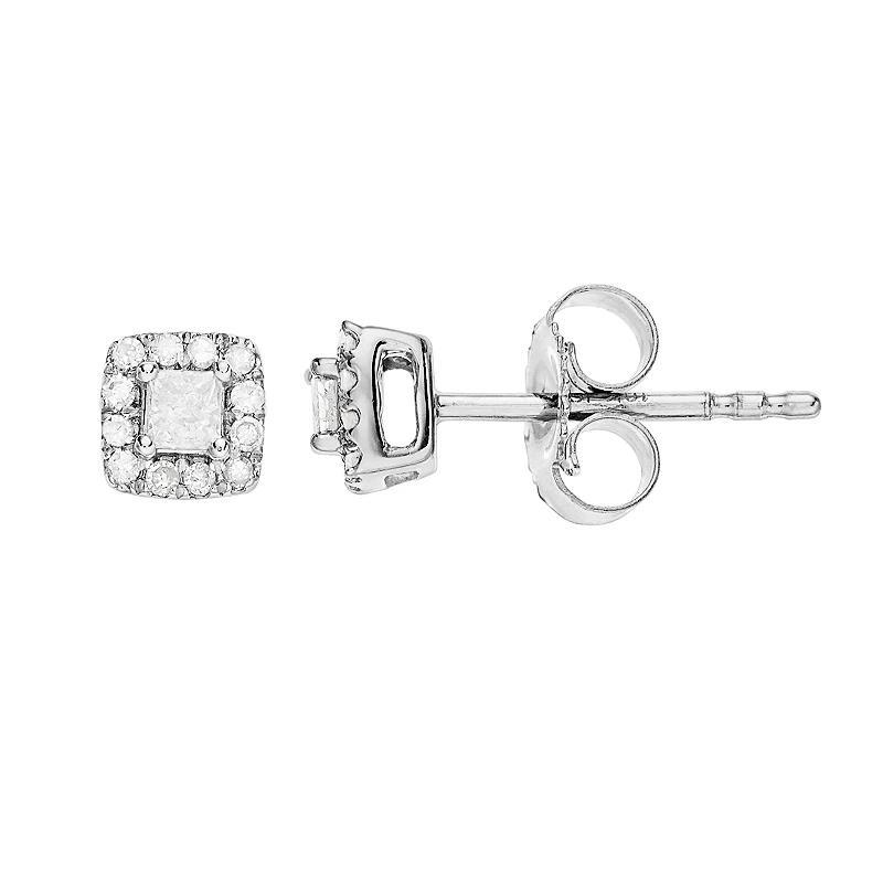 10K White Gold 1/6 Carat T.W. Diamond Princess-Cut & Round Halo Earrings, Womens Product Image