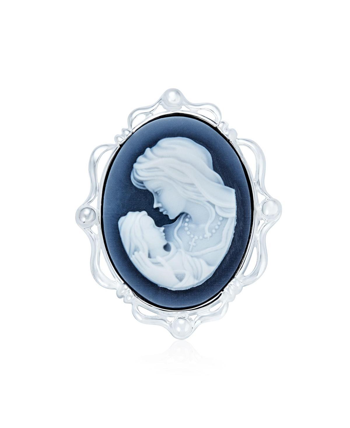 Bling Jewelry Classic Blue White Carved Oval Framed Victorian Lady Portrait Mother and Child Cameo Pendant & Brooch Necklace For Women Mother .925 Ste Product Image