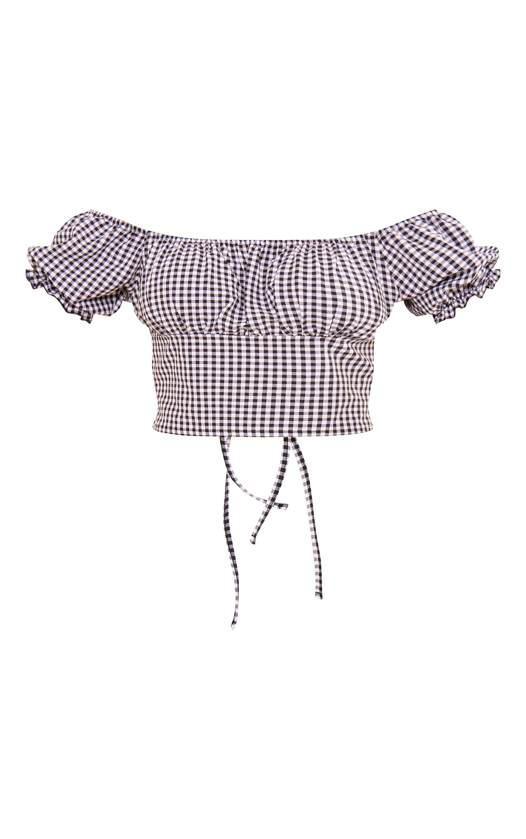 Black Gingham Puff Sleeve Tie Back Crop Top Product Image