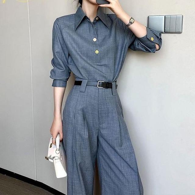 Long-Sleeve Overhead Shirt / High Rise Wide Leg Dress Pants / Set Product Image