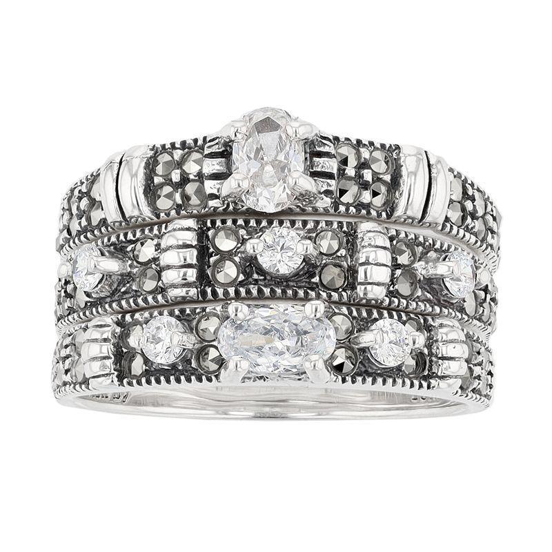 Lavish by TJM Sterling Silver Cubic Zirconia and Marcasite 3-Piece Stack Ring Set, Womens White Product Image