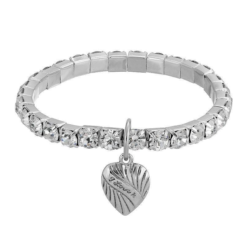 1928 Silver-Tone Crystal Heart Charm Stretch Bracelet, Womens, Silver Tone Product Image