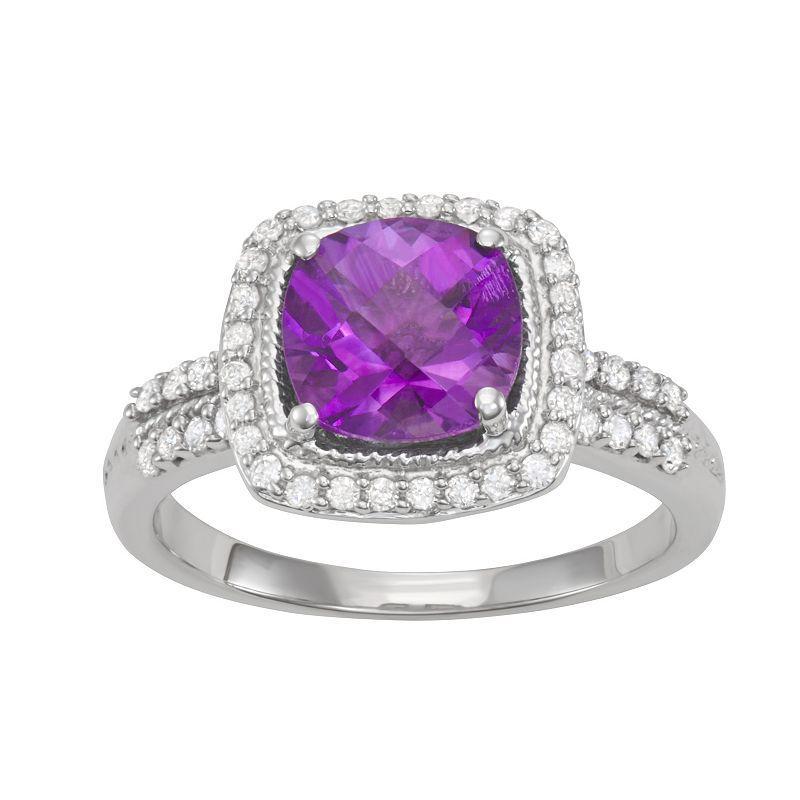 HDI Sterling Silver Amethyst & 1/3 Carat T.W. Diamond Halo Ring, Womens Product Image