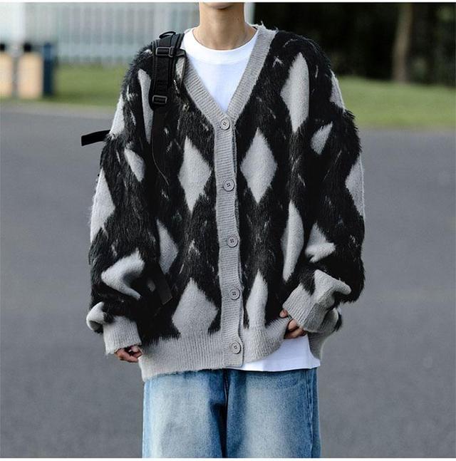 V-Neck Argyle Fluffy Cardigan Product Image