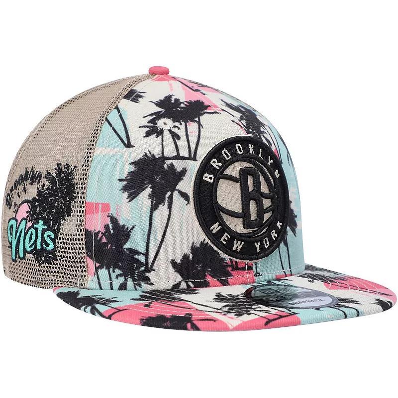 Mens New Era Cream Brooklyn Nets Palm Trees 9FIFTY Trucker Snapback Hat Product Image