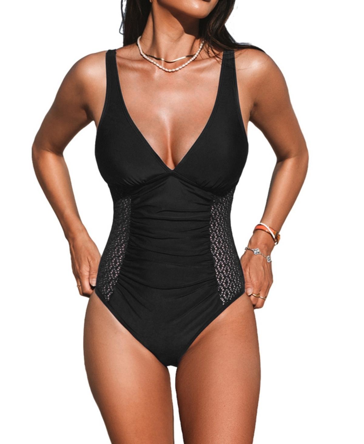 Womens Ruched Tummy Control Lace One Piece Swimsuit Product Image