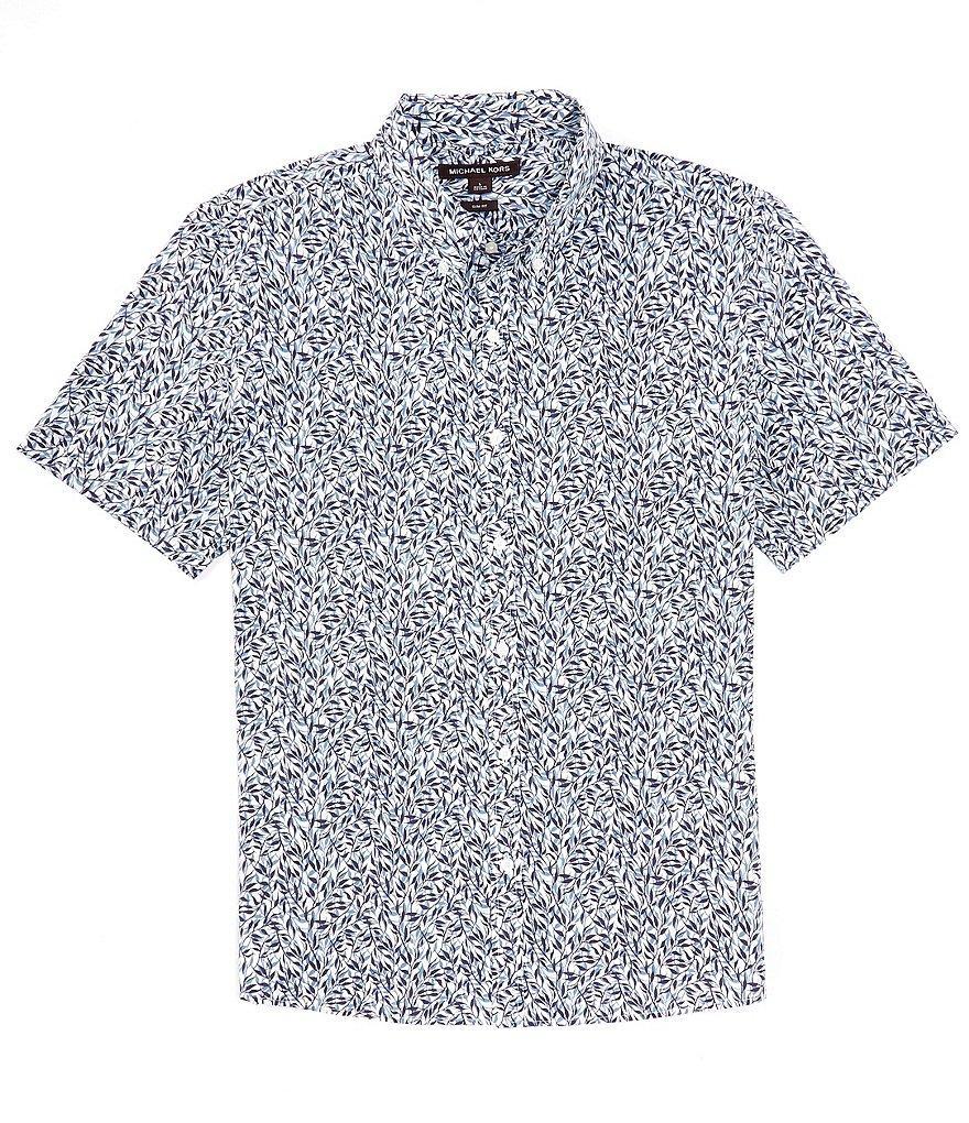 Michael Kors Slim Fit Stretch Branch Print Short Sleeve Woven Shirt Product Image