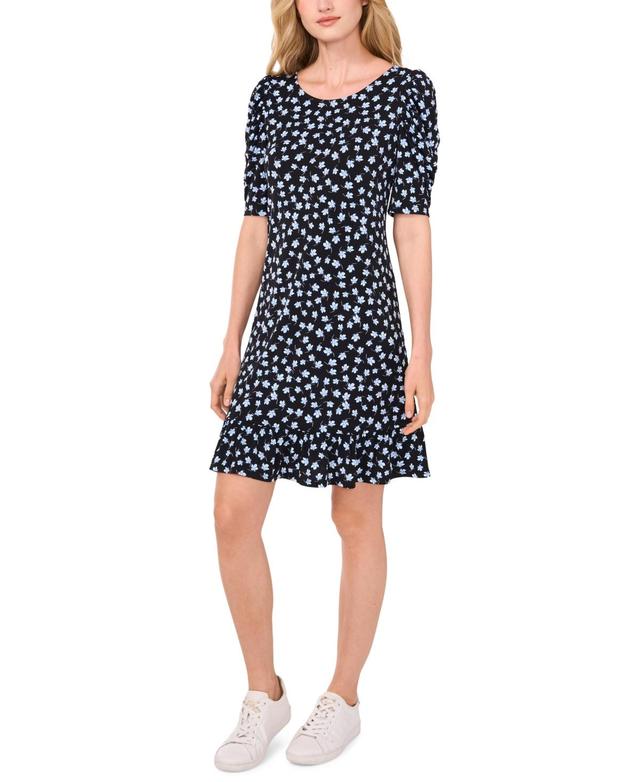 Women's Printed Round-Neck Puff-Sleeve Knit Dress Product Image