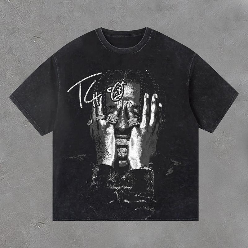 Retro Acid Washed Travis Scott Portrait Graphic Print T-Shirt Product Image