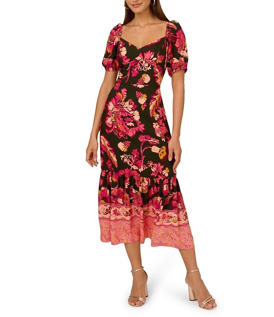 Adrianna by Adrianna Papell Printed Rayon Sweetheart Neck Puff Sleeves Tiered Ruffle Hem Midi Dress Product Image