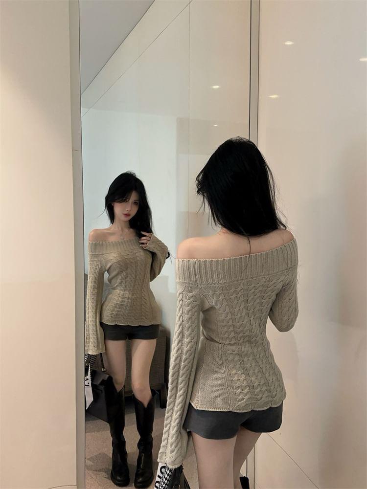 Flared-Sleeve Off-Shoulder Plain Sweater Product Image