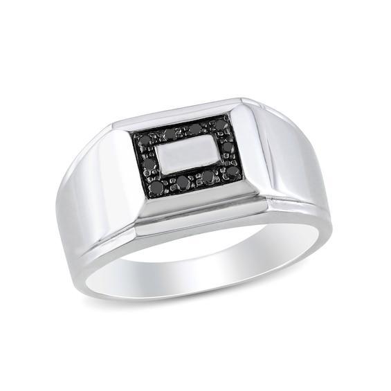 Men's 1/10 CT. T.w. Black Diamond Rectangular Frame Stepped Edge Signet Ring in Sterling Silver Product Image