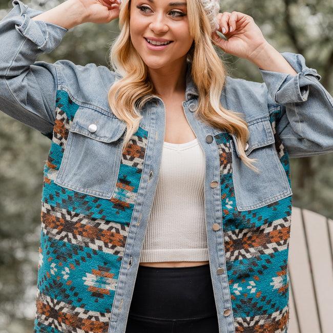 Desert Nights Southwestern Printed Medium Wash Denim Jacket FINAL SALE Product Image