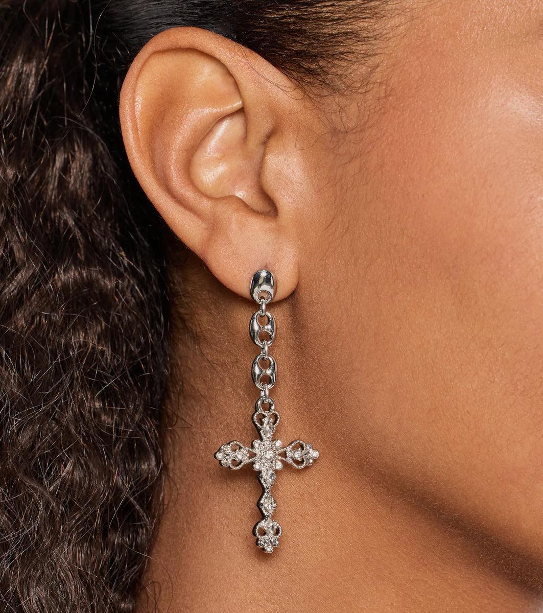 Glam Sheen Rhinestone Cross Earrings Product Image