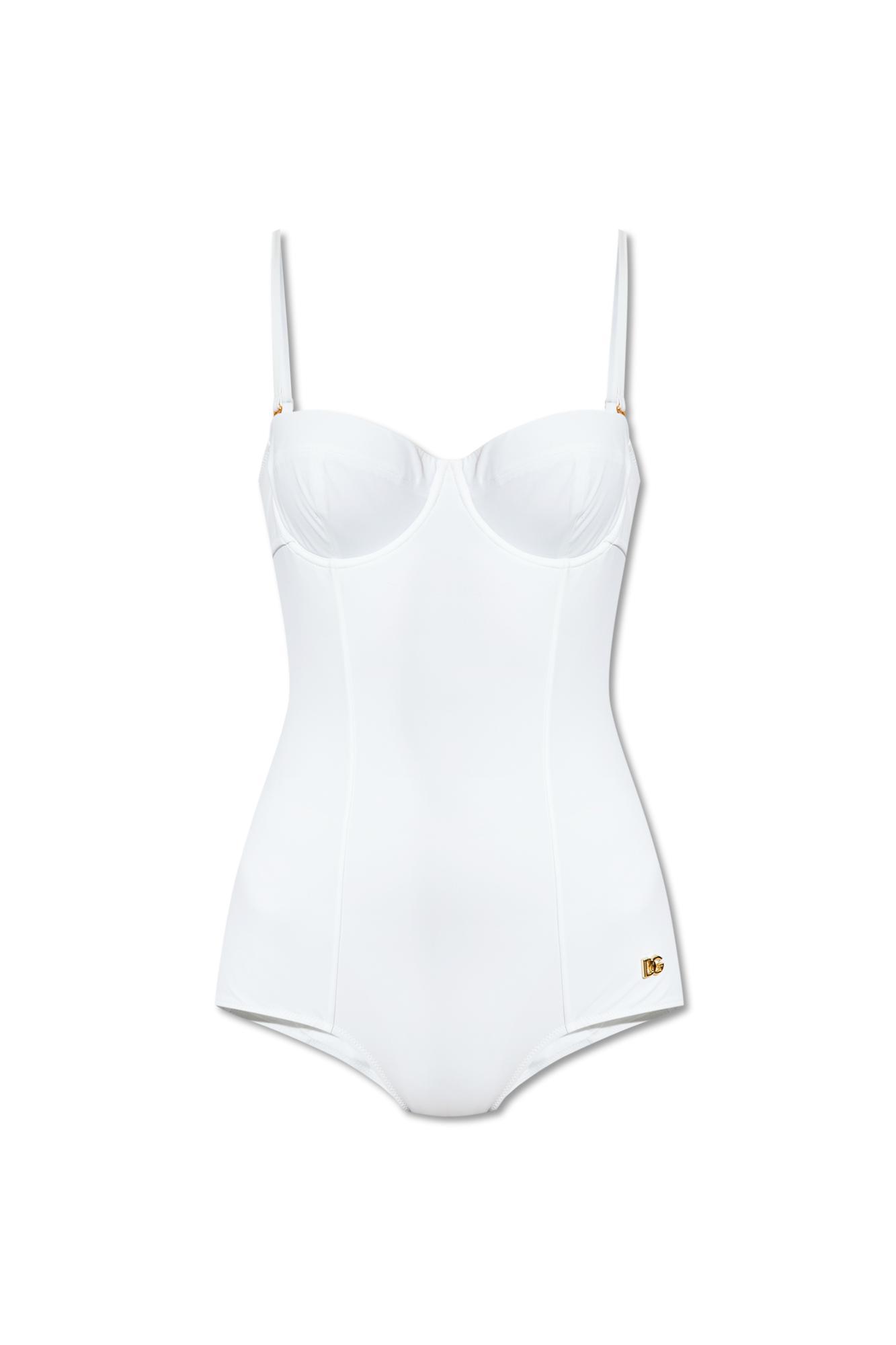 DOLCE & GABBANA Logo-plaque Swimsuit In White Product Image